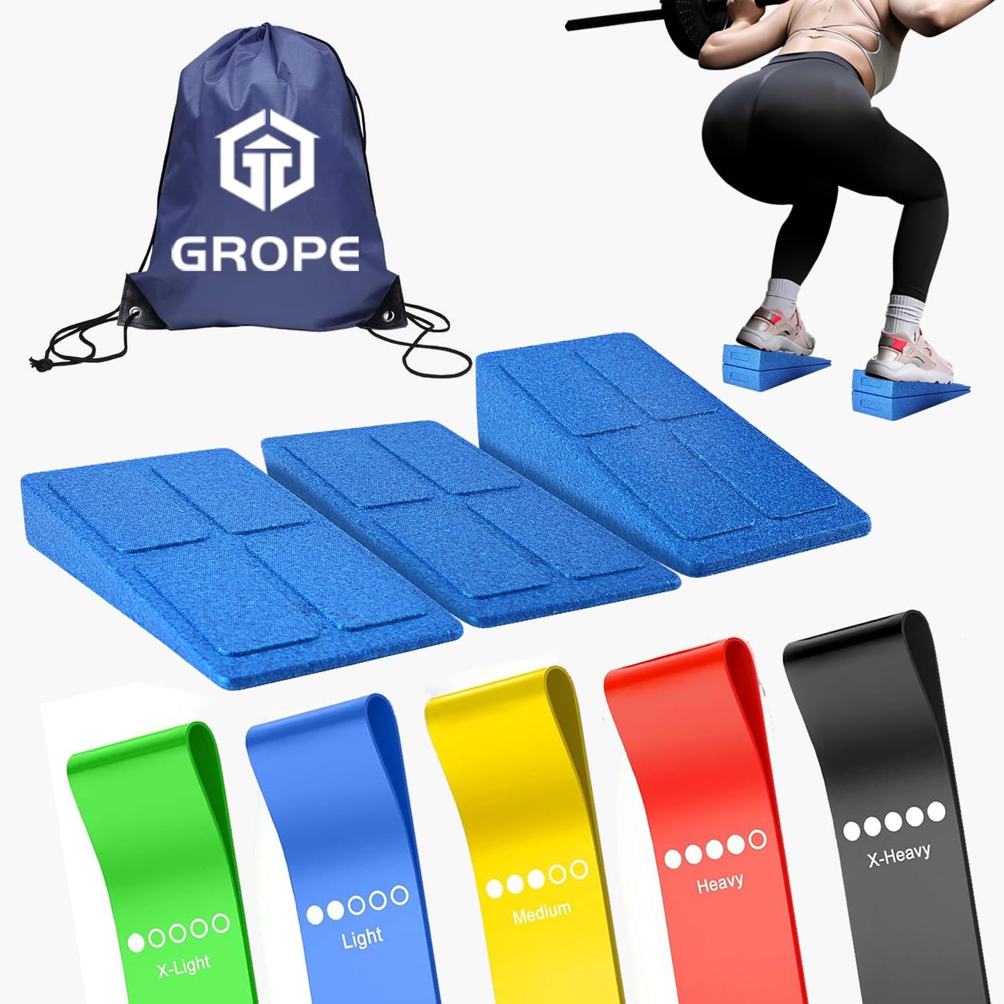 Slant Board Squat Wedge for Calf Stretching，3 Pcs 12" x 6.3" Foot Stretcher Balance Board for Plantar Fasciitis, Adjustable Foam Slant Board Wedge Great for Exercises (Blue With 5 Elastic Band)