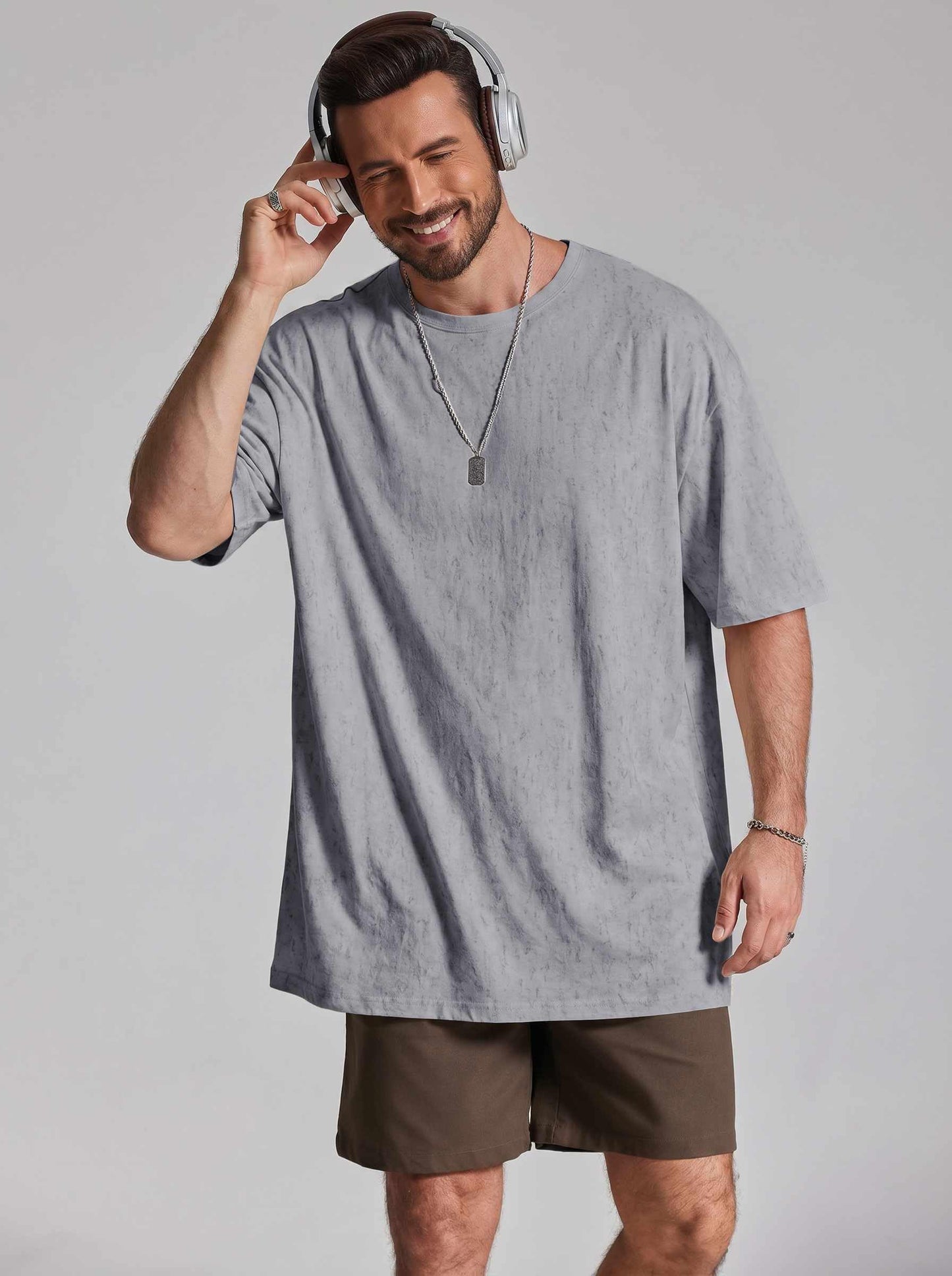 COOFANDY Mens T-Shirts Oversized Unisex Short Sleeves Cotton Tshirts Fashion Casual Loose Wash Solid Basic Tee Tops Light Grey
