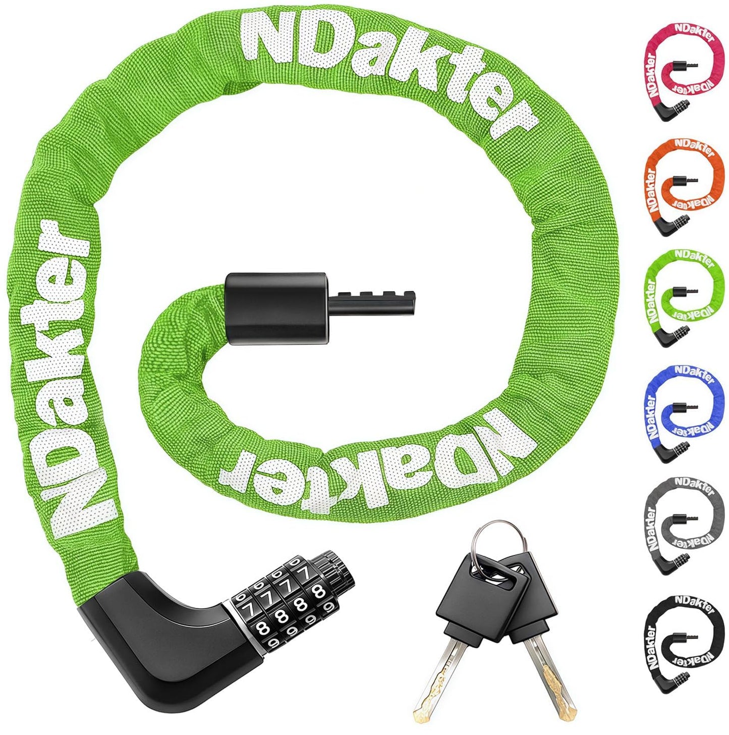 NDakter Upgrade Bike Chain Lock with 4 Digit Combination and 2 Keys, 1.64/2.3/3.2/4.28 Ft Heavy Duty Anti-Theft Bicycle Lock, 2 Ways to Unlock High Security Scooter Locks for Ebike, Escooter, Door