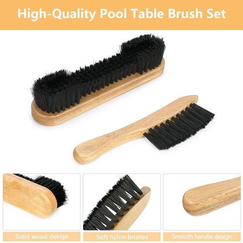 Go2trymo Pool Table & Rail Brush 5 Set, Billiard Felt Cleaner Accessories with 2 Wooden Brushes, Cue Cleaning Cloth, Ferrule Polish Cloth & Sticky Lint Roller