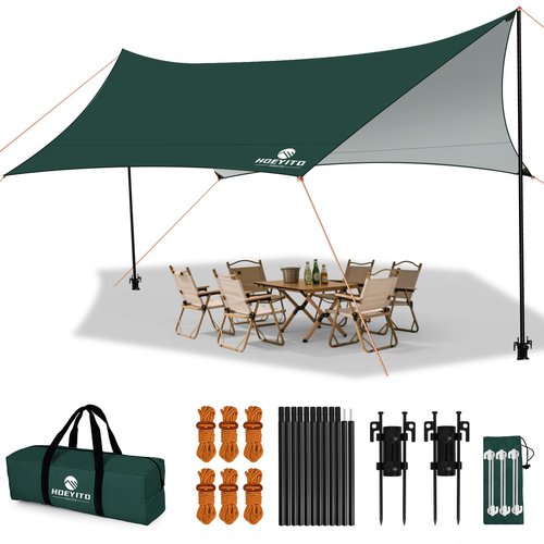 Camping Tarp with Poles & Retainer,15x12.5FT Large Waterproof 210D Oxford Cloth Camping Canopy, Anti-UV UPF100+ Tent Tarp Car Awning for Outdoor, Picnic, Hammock, Car, Backpacking(Green)