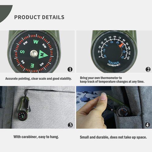 Compass Pocket Double-Sided Compass Carabiner Keychain Portable Outdoor Camping (Army Green)