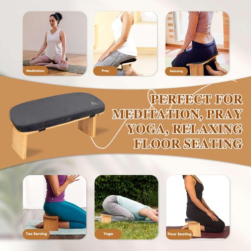 Meditation Bench with Cushion Foldable Ergonomic Bamboo Kneeling Stool Seiza Bench Wooden Meditation Stool Chair Zen Lotus Yoga Stool Floor Sitting Prayer Bench Removable Pillow-Dark Grey