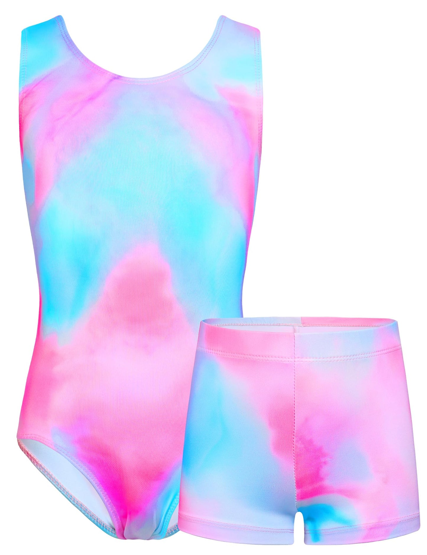 TENVDA Girls Leotards for Gymnastics 10-12 Years Old Pink Blue Tie Dye Tumbling Outfit Matching Shorts Sets Kids Bodysuits