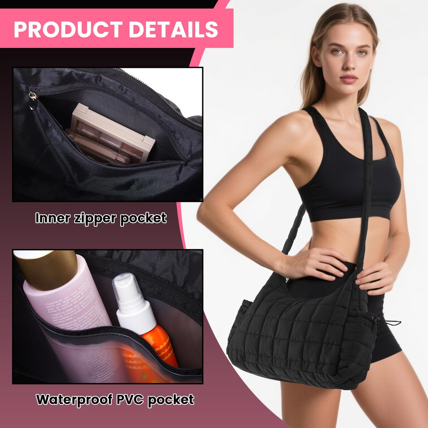 Locmeo Quilted Mini Gym Bag for Women Girls Small Gym Duffle Bag with Wet Compartment Quilted Quilted Carry on Weekender Bags with 2 Pocket for Women Sport Workout Travel, Black