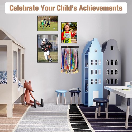 Wall-Mounted Medal Hooks Display Organizer - 14 L-Shaped Metal Hooks with Engraved Never Give Up Wood Plaque | Award Trophy Rack for Sports, Race Bibs, Necklaces & Keys (Black, Never Give Up)