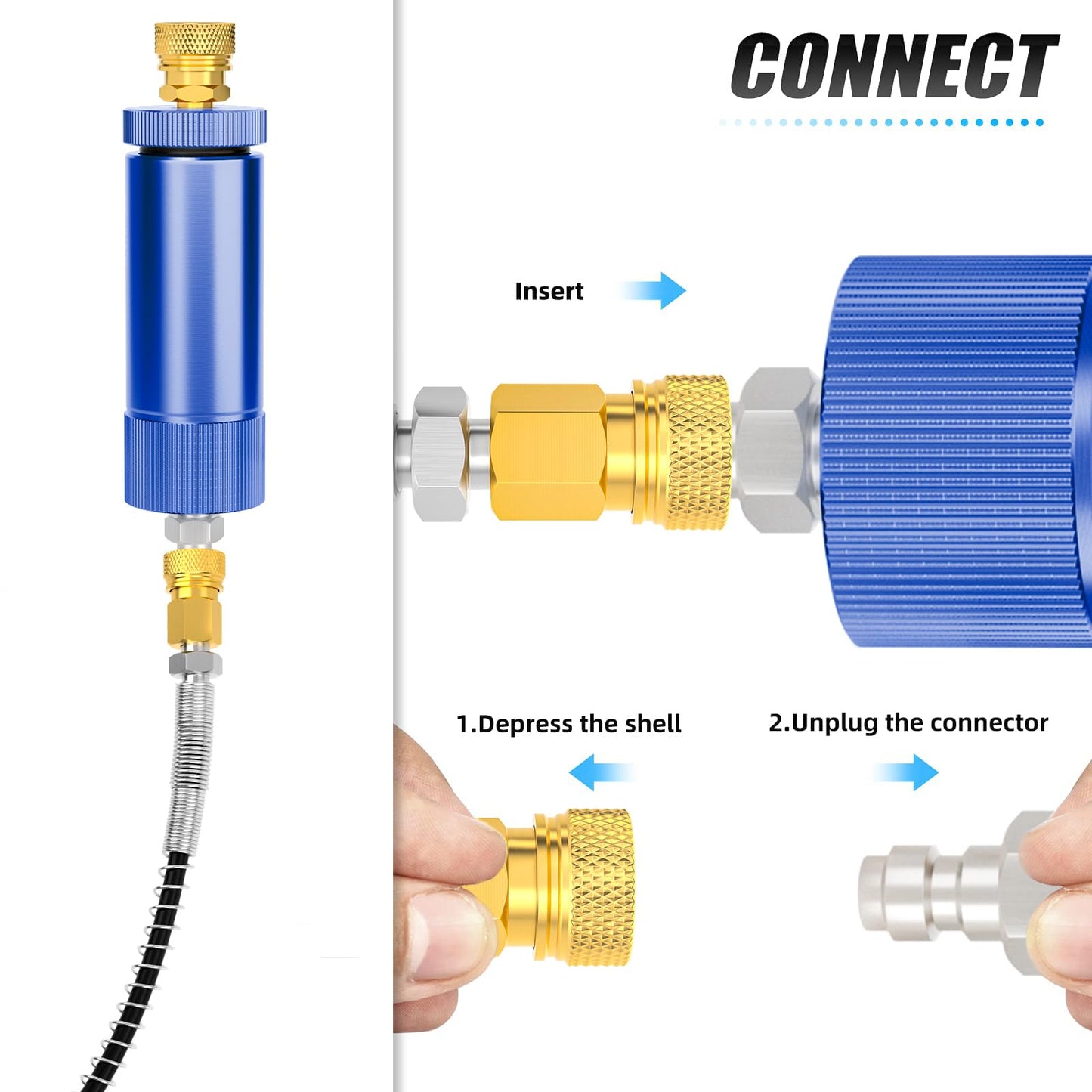 MEANLIN MEASURE 30Mpa Water-Oil Separator With 20 inch Spring Flexible Hose and 8MM & M10 Fast Connecting Internal Thread Mother Head For High Pressure Air Compressor Pump Blue