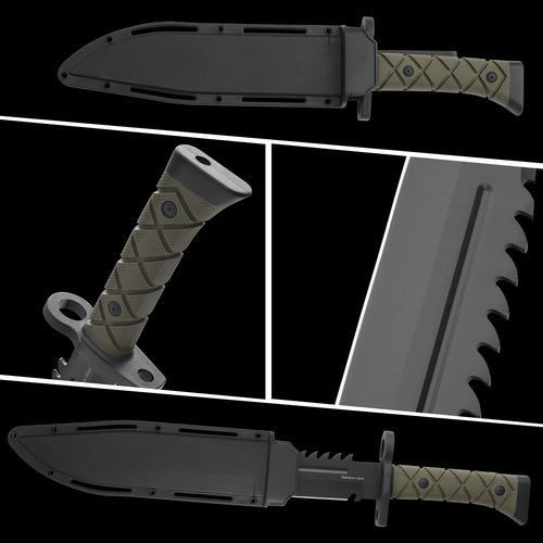 Leopcito 15" Fixed Blade Tactical Knives with Sheath, Stainless Steel Survival Hunting Bushcraft Full Tang Non-Slip Handle Knife with Serrated Blade Back for Camping Adventure EDC