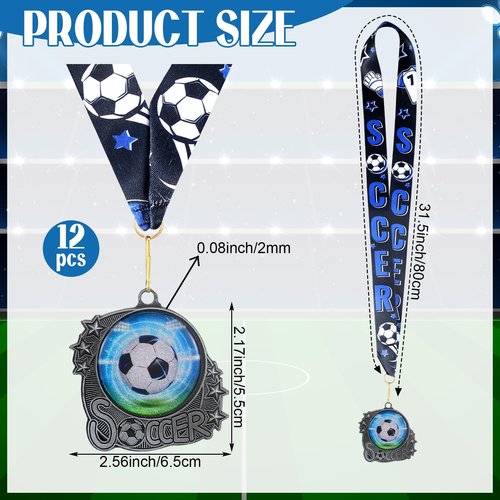 Seenelling 12 Pcs Soccer Medals Trophy Silver Metal Sport Ball Award Medals with Ribbon for Participation Sports Themed Party Favors