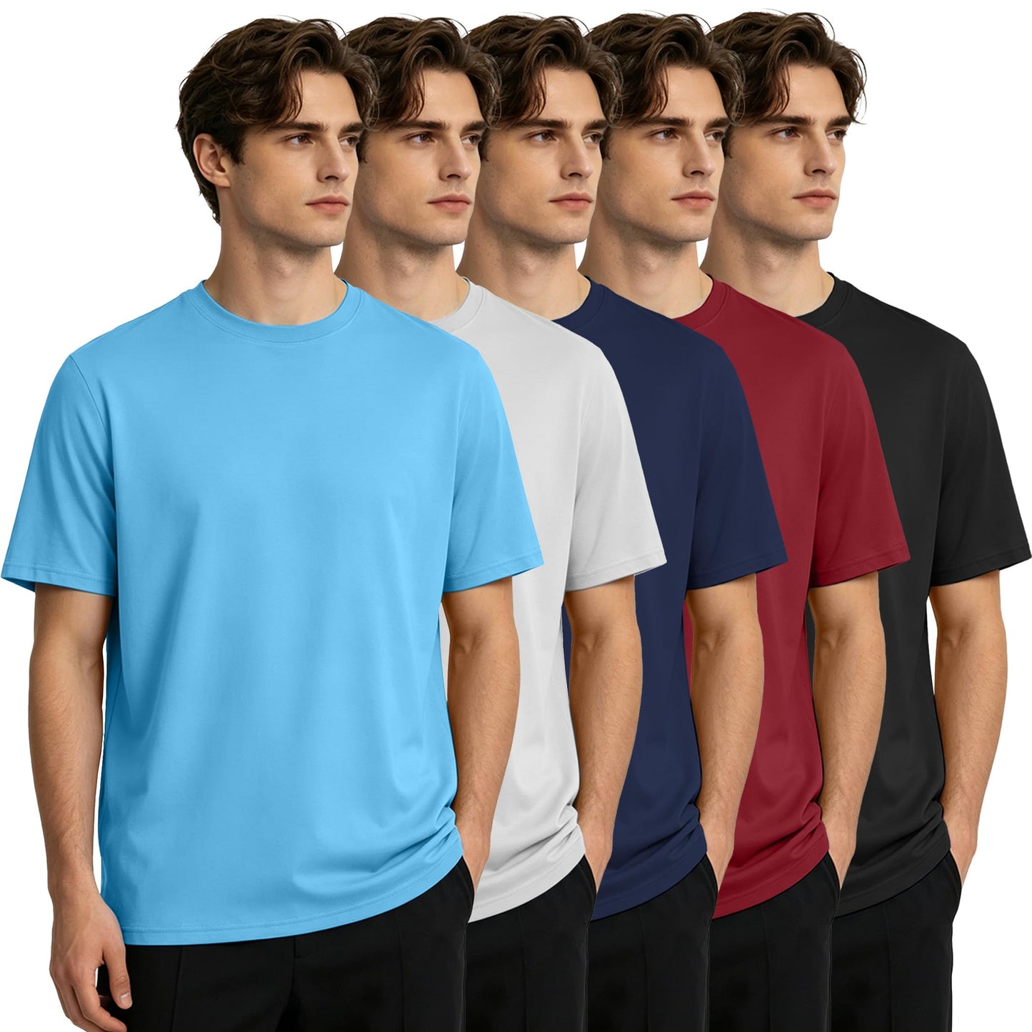 HOPLYNN 5 Pack Men's Dry Fit Workout Gym T Shirts, Short Sleeve Active Running Athletic Tee Tops 1 Black 1 Blue 1 Gray 1 Navy Blue 1 Wine Large
