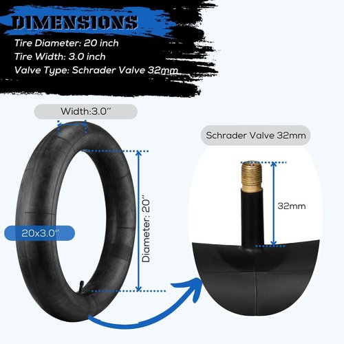 Corki Cycles 20 x 3.0 Fat Tire Tube, 20 x 3 Bike Inner Tube with 32mm Schrader Valve Heavy Duty Butyl Rubber for E-Bikes BMX Folding Bicycles - 2 Pack