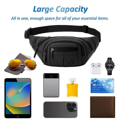 FYRLFB Large Fanny Pack for Men and Women, Crossbody Waist Bag with 4 Zipper Pockets Easy Carry Any Phone, Fashion Waist Packs with Adjustable Strap for Travelling, Hiking, Cycling, Running - Black