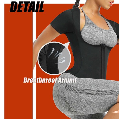 REMEBSWEAT Sauna Suit Shirt Waist Trainer For Women workout Set Short Sleeve,L