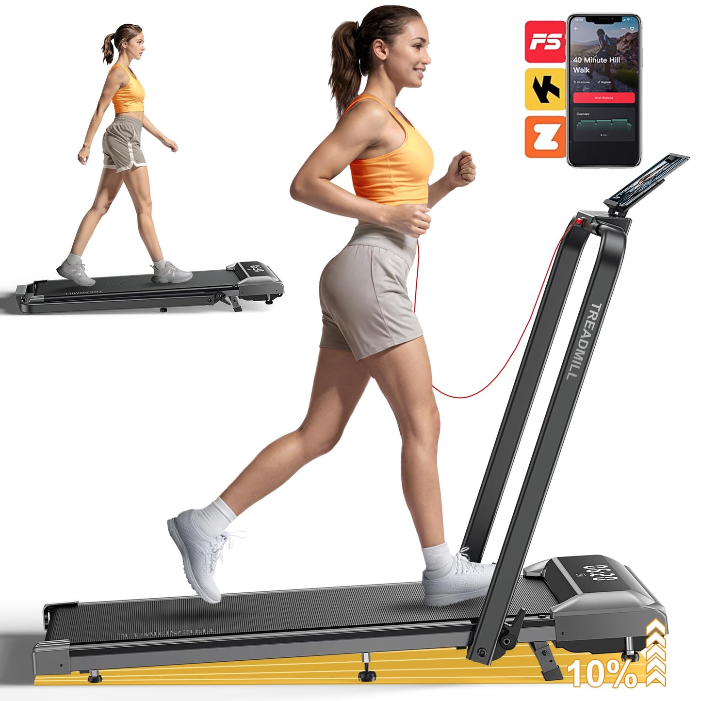 Walking Pad Under Desk Treadmill with Incline, 2 in 1 Folding Treadmills for Home Small Office, 300 lbs Capacity, Portable Compact Walking Treadmill with Remote Control, LED Display and Apps
