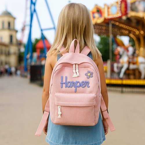 Dyoart Personalized Corduroy Backpack for Girls & Boys, Custom School Bag with Cotton Rope Woven, Monogram Book Bag for Toddlers and Kids Back to School Gifts