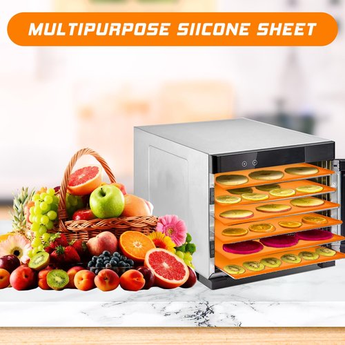 JJUNW 6 Pcs Silicone Dehydrator Trays, Non-stick Silicone Dryer Mats with with Silicones Scraper Reusable Dryer Sheet for Jerky, Fruit, Meat(12×10inch)
