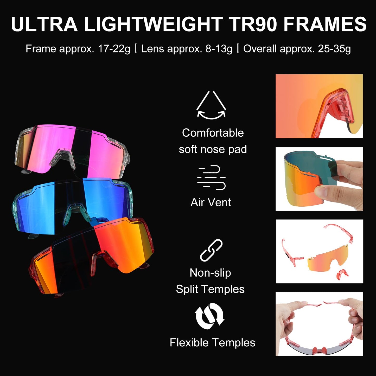 ToopMount Cycling Sunglasses with 4 Interchangeable Lenses, UV 400 Polarized Sports Sunglasses for Men Women Baseball Hiking