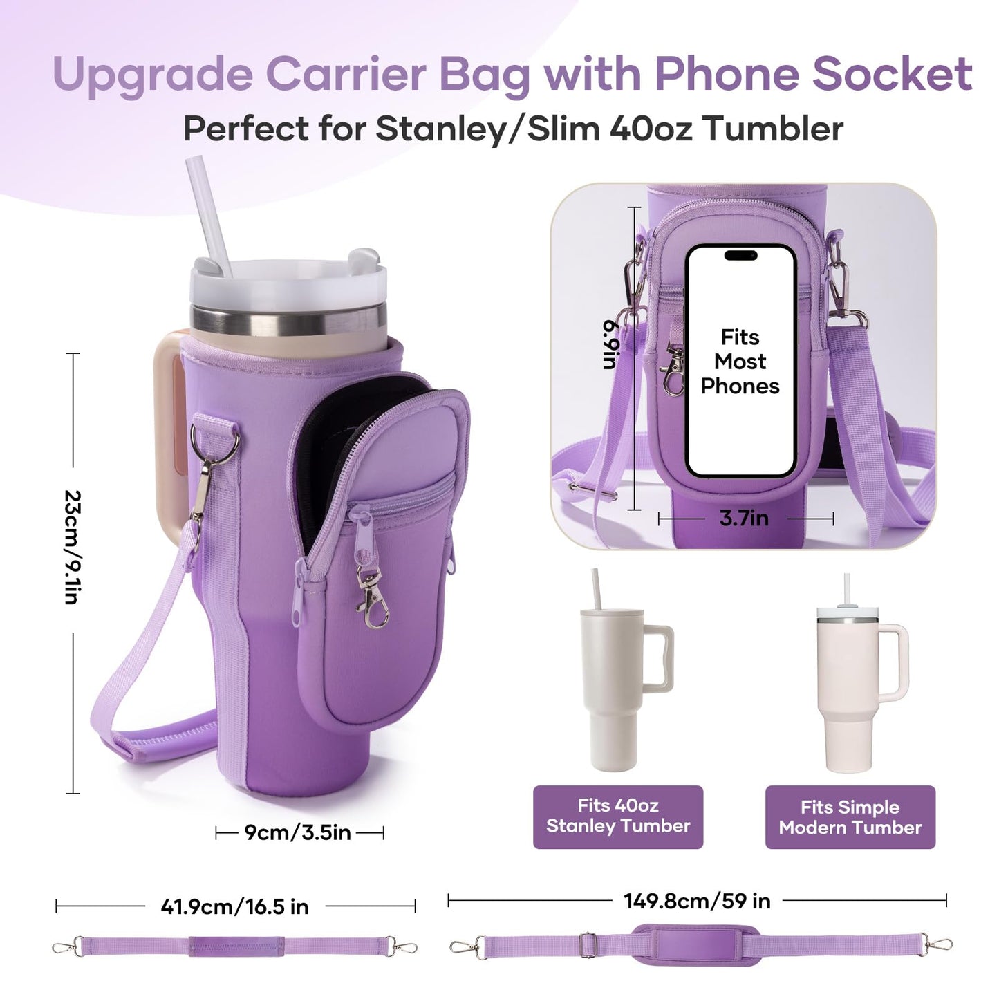 linmaya Water Bottle Carrier Bag for Stanley Cup 40/30oz with Phone Holder Pockets,Neoprene Water Bottle Cross-body Bag with Adjustable Shoulder & Hand Strap Stanley Cup Accessories