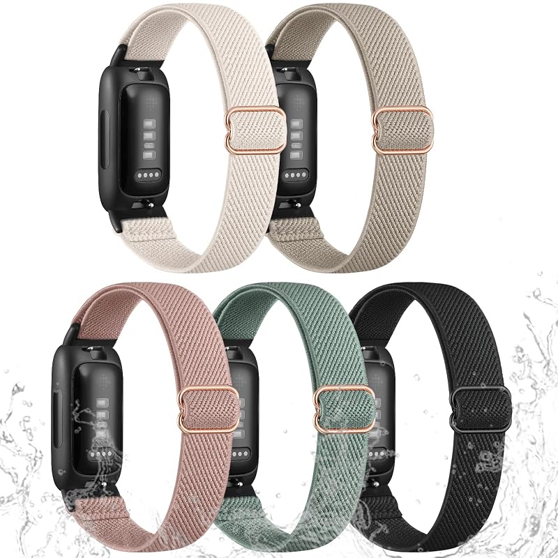Stretchy Nylon Watch Bands for Fitbit Inspire 3 - 5 Pack (Apricot, Black, Brown Green, Pine Green, Pink) - Replaceable Band