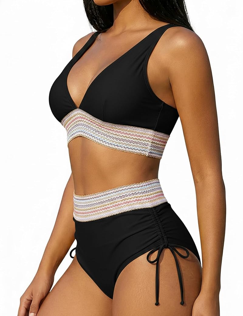 High Waisted Color Block Bikini Set for Women with Tummy Control - V-Neck Two-Piece Swimsuit, Black, Medium