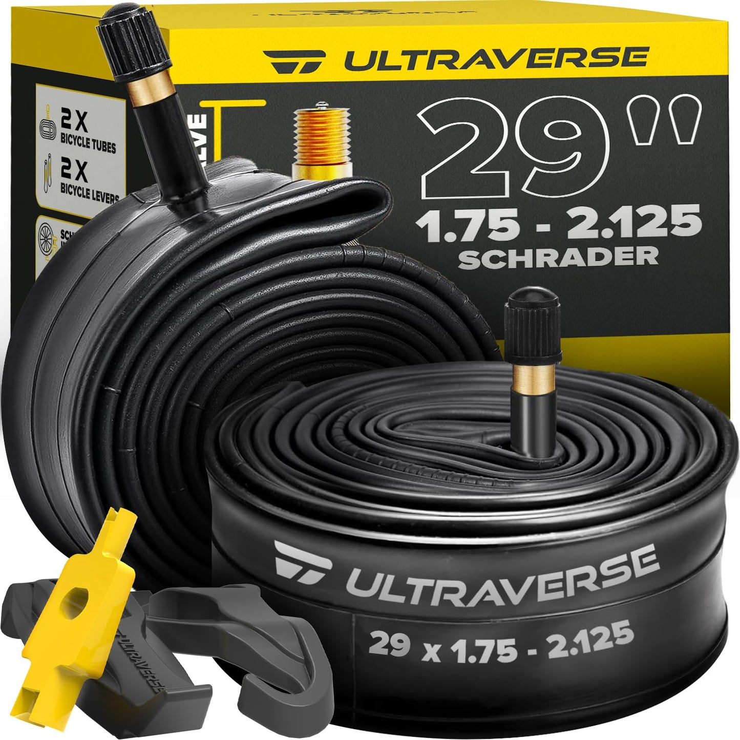 Ultraverse 29" Bike Inner Tubes 29 x 1.75, 1.95, 2.10, 2.125, 2.25, 2.30, 2.40 – Butyl Rubber Bicycle Tubes with Schrader Valve – Compatible with Mountain, Cruiser, City & Electric Bikes – Set of 2