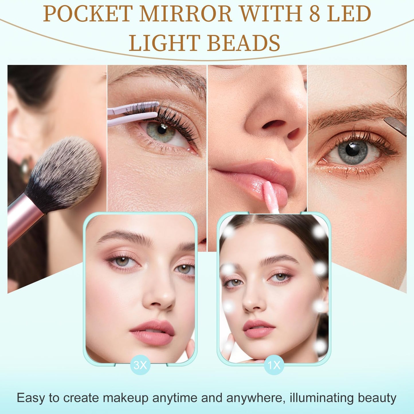 Kakuje Compact Mirror, 1X/3X Magnification LED Pocket Mirror with Nternal BIattery, Mini Mirror for Purse, Pocket,Travel and Present (Mint Green)
