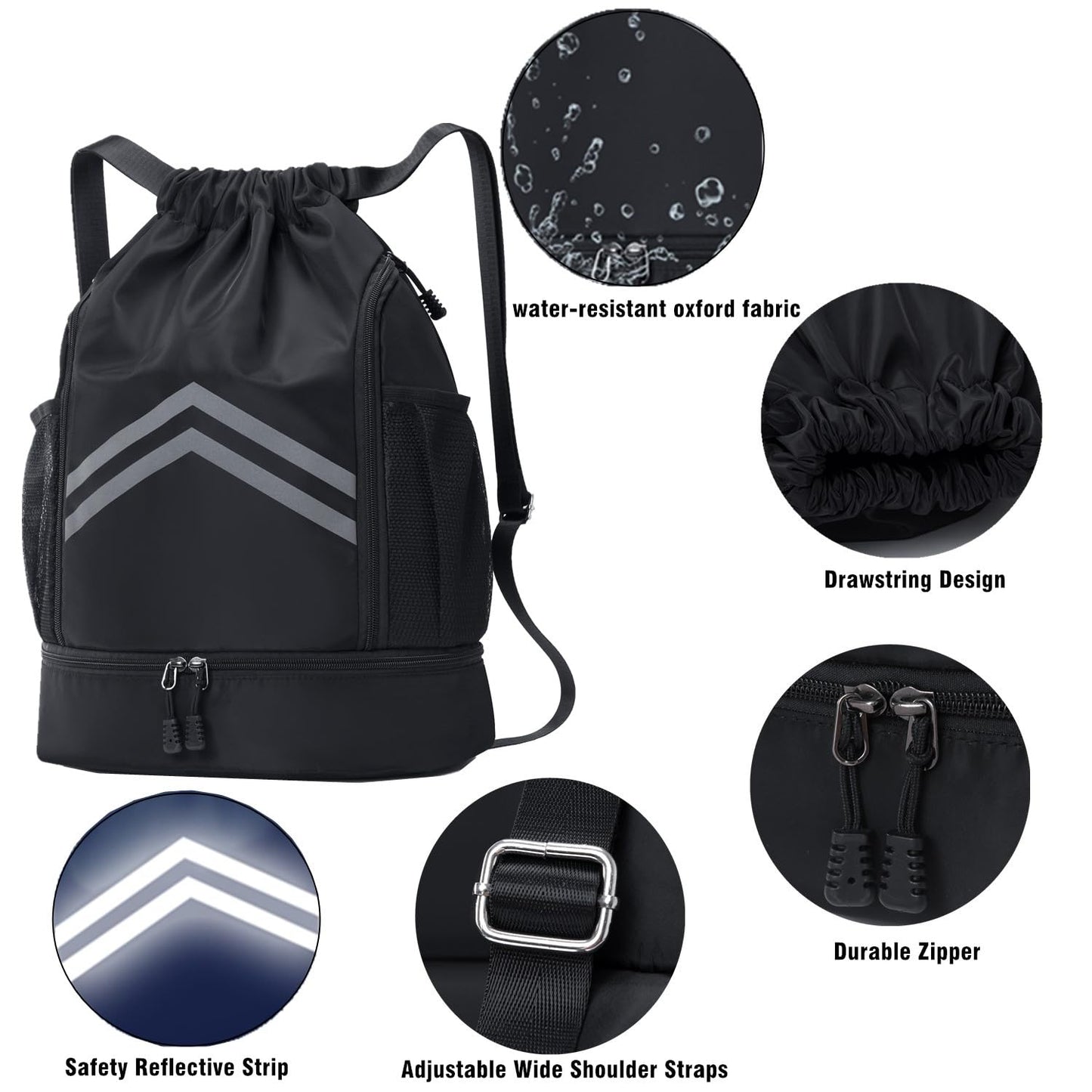 Gbateri Drawstring Backpack - Water Resistant Gym Drawstring Bags with Shoes Compartment and Water Bottle Holder Pockets - String Cinch Bag - Draw String Back Pack with Zipper for Men and Women (Grey)