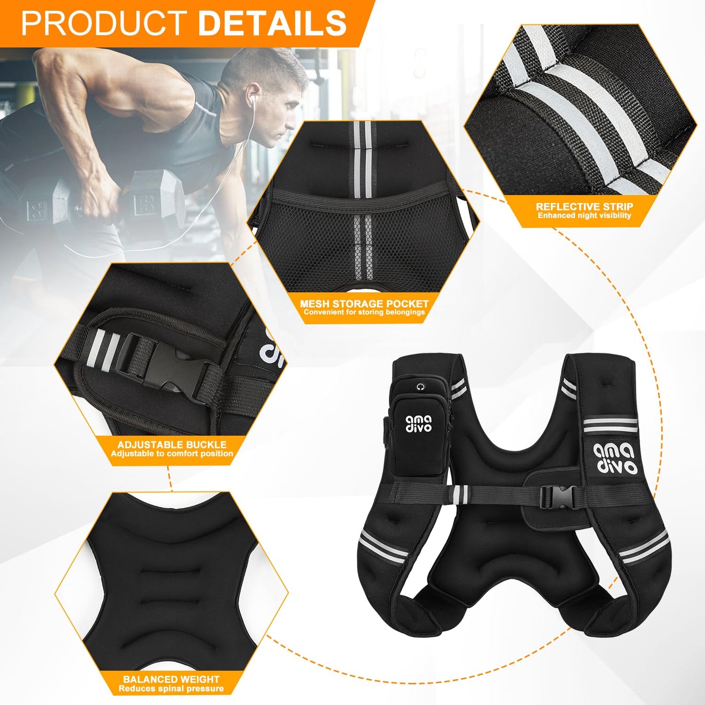AMA DIVO 8LB Fixed Weight Vest for Seniors & Beginners,Reflective Weighted Vest, Daily Walking, Cardio Exercise, Indoor Workout, Adjustable Buckles with Detachable Bag, Reliable Gear
