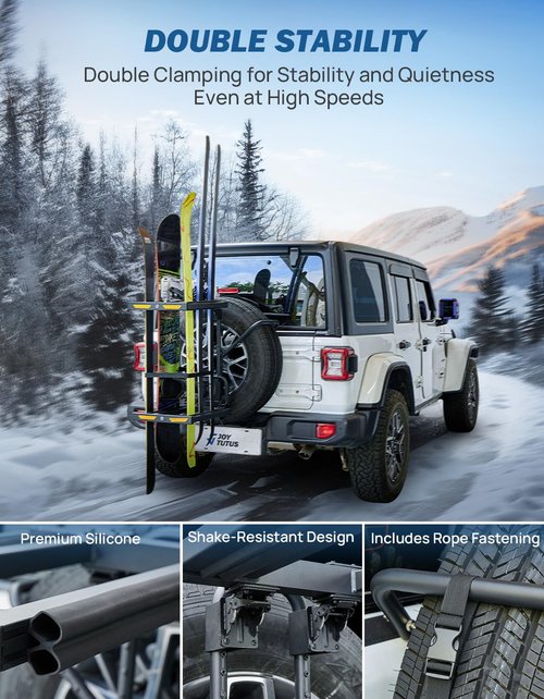 JOYTUTUS Spare Tire Ski Snowboard Rack with Security Lock Folding for Wrangler Gladiator Bronco SUV, Max Load 6 Pairs of Skis or 4 Snowboards, Fit 31.5"-32.5" Spare Tire