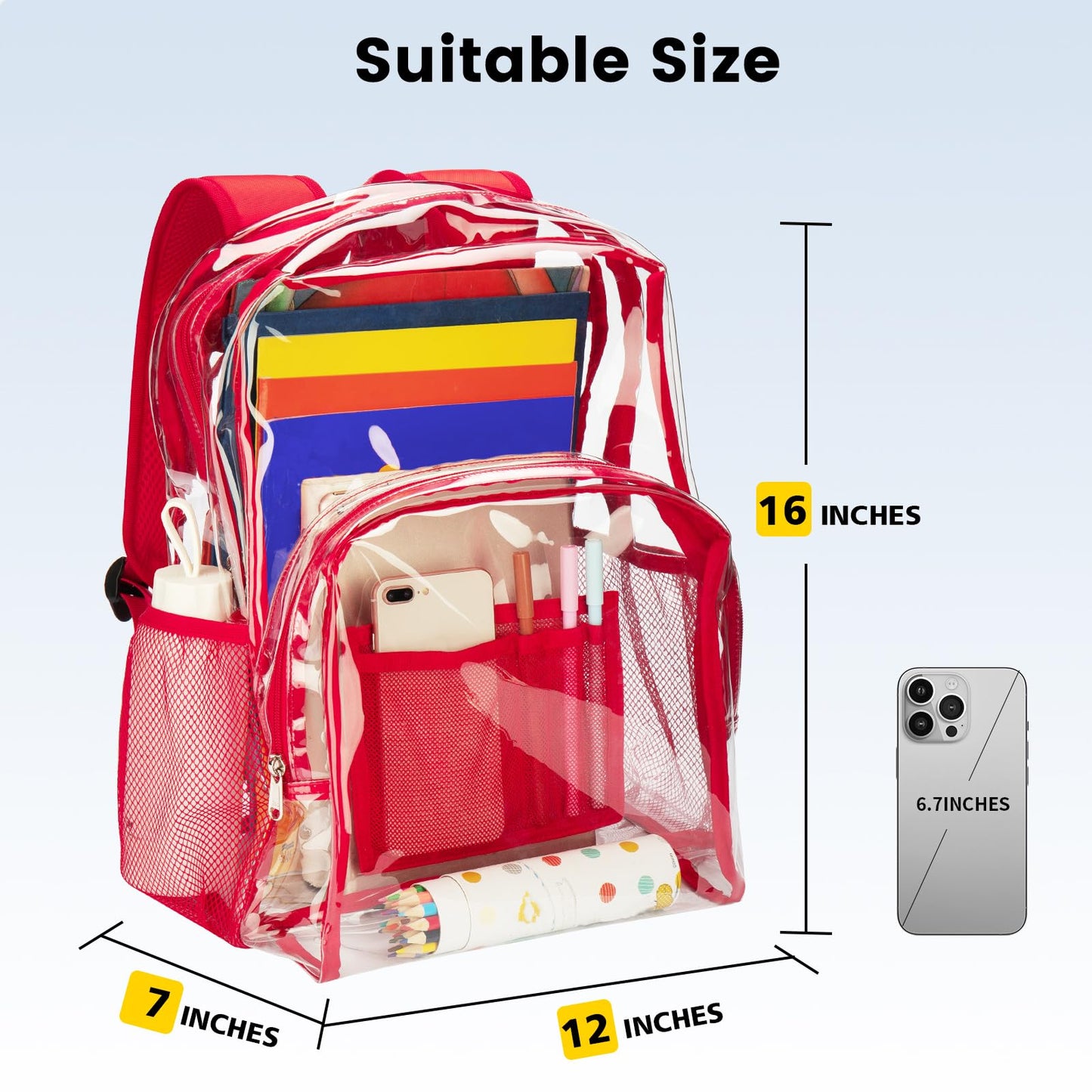 Vorspack Clear Backpack Heavy Duty PVC Transparent Backpack with Reinforced Strap Stitches & Large Capacity for College Workplace Security - Red