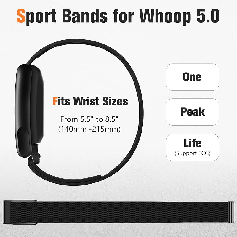 Getino Nylon Sport Band for Whoop 5.0 – Black-Black, Adjustable 140-215mm