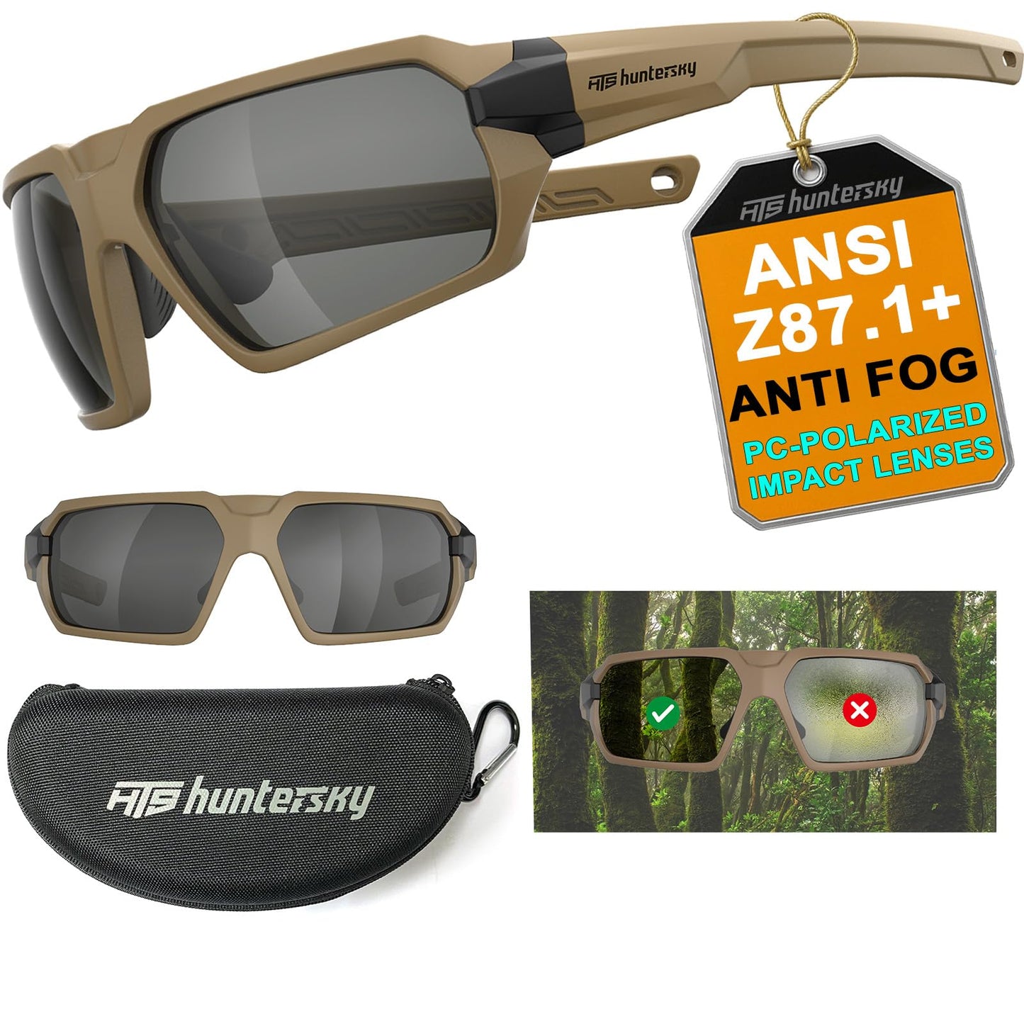 HTS HUNTERSKY Q37 Anti Fog Polarized Tactical Hunting Shooting Sunglasses ANSI Z87.1+ Military Grade Ballistic Impact Protection Eye Pro with Case Motorcycle Riding Driving Range Outdoors
