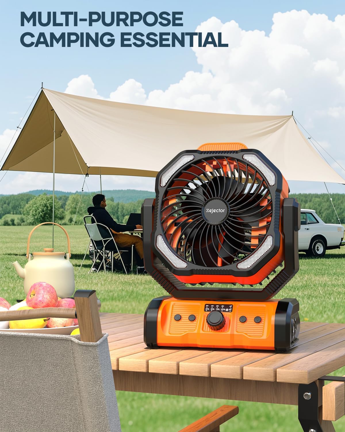 kejector Battery Powered Fan Rechargeable - 24000mAh 3-in-1 Portable Camping Fan with LED Lights, USB C, Auto Oscillating Operated Fan for Tents, Travel, BBQ, Fishing, Home, Office, Camper Essentials