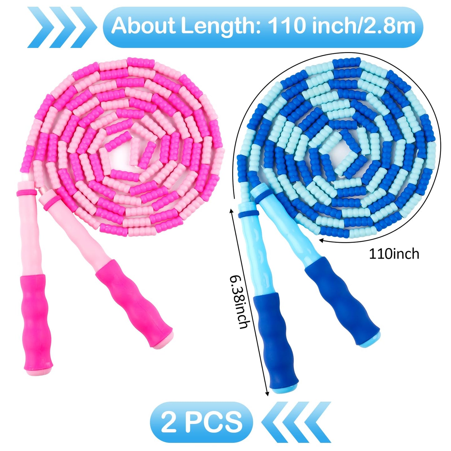 Jump Rope for Kids, Adjustable Jump Ropes for 4 5 6 7 8 10 12, Tangle Free Jumping Rope Age 8-12, Segmented Soft Beaded Skipping Rope for Women Fitness (Blue + Pink)