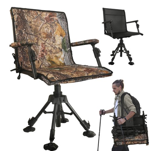 FUNHORUN Hunting Chair with Removable Camouflage Cover, 360 Degree Silent Swivel Hunting Seat with Adjustable 4 Legs Height and Armrests, Tool-Free Foldable Ground Blind Chair, Portable Seat