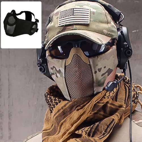 AOUTACC Airsoft Mesh Mask, Half Face Mesh Masks with Ear Protection for CS/Hunting/Paintball/Shooting (Mesh Ear, BK)