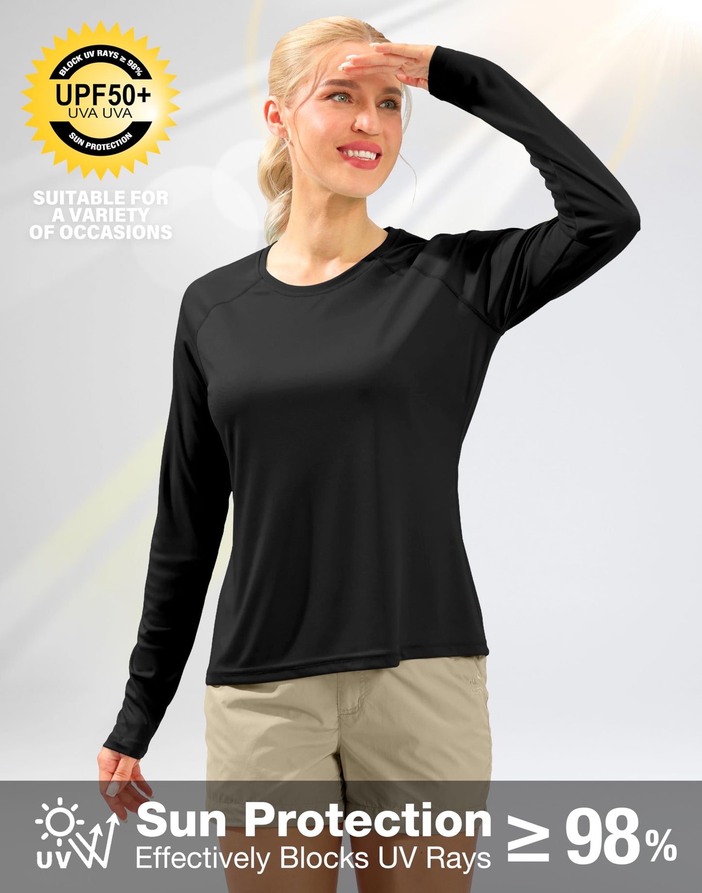 Women's UPF 50+ Sun Shirts Long Sleeve UV Protection Rash Guard Lightweight Quick Dry Workout Hiking Tops for Women Black