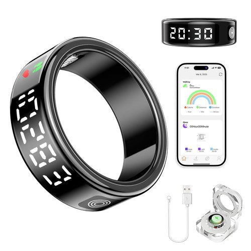 Smart Ring Health Tracker for Women & Men - IP68 Waterproof Fitness Rings with LED Screen, Heart Rate/Blood Oxygen/Sleep Monitoring/Motion Tracking, No Subscription Fee