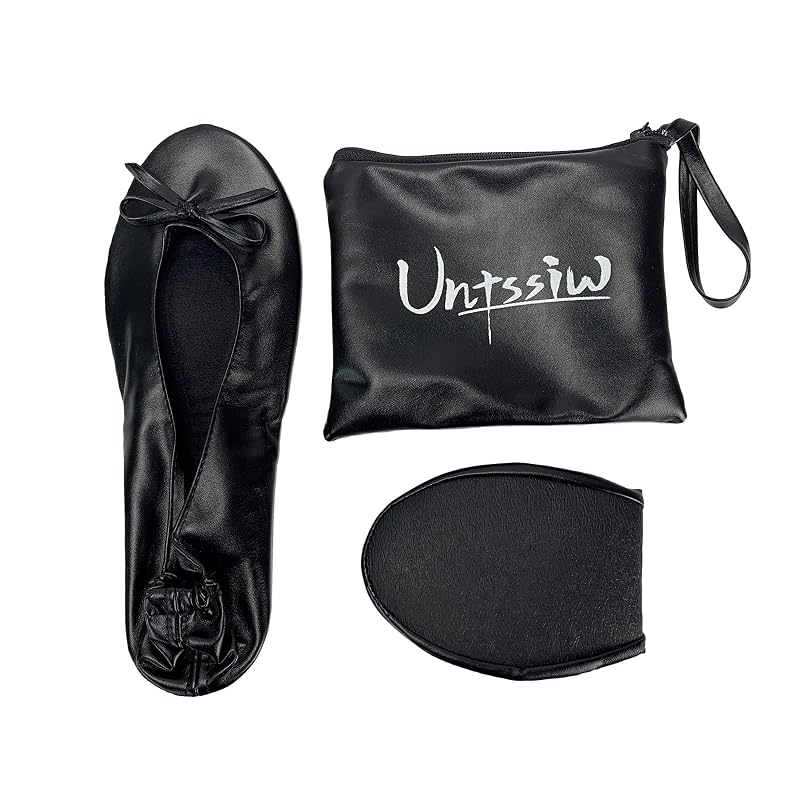 Untssiw Black Medium Foldable Ballet Flats with Pouch - Travel Roll Up Shoes