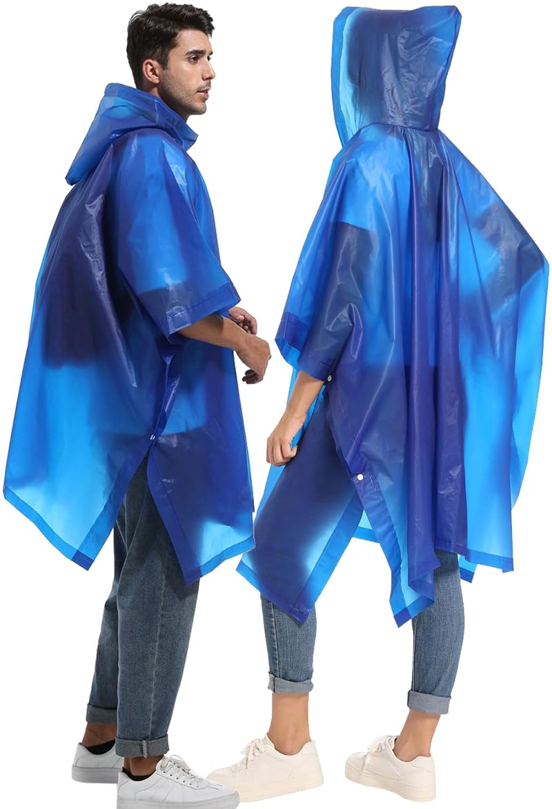 HOOMBOOM 2-Pack Reusable Rain Ponchos for Adults Blue, Lightweight EVA Emergency Rainwear