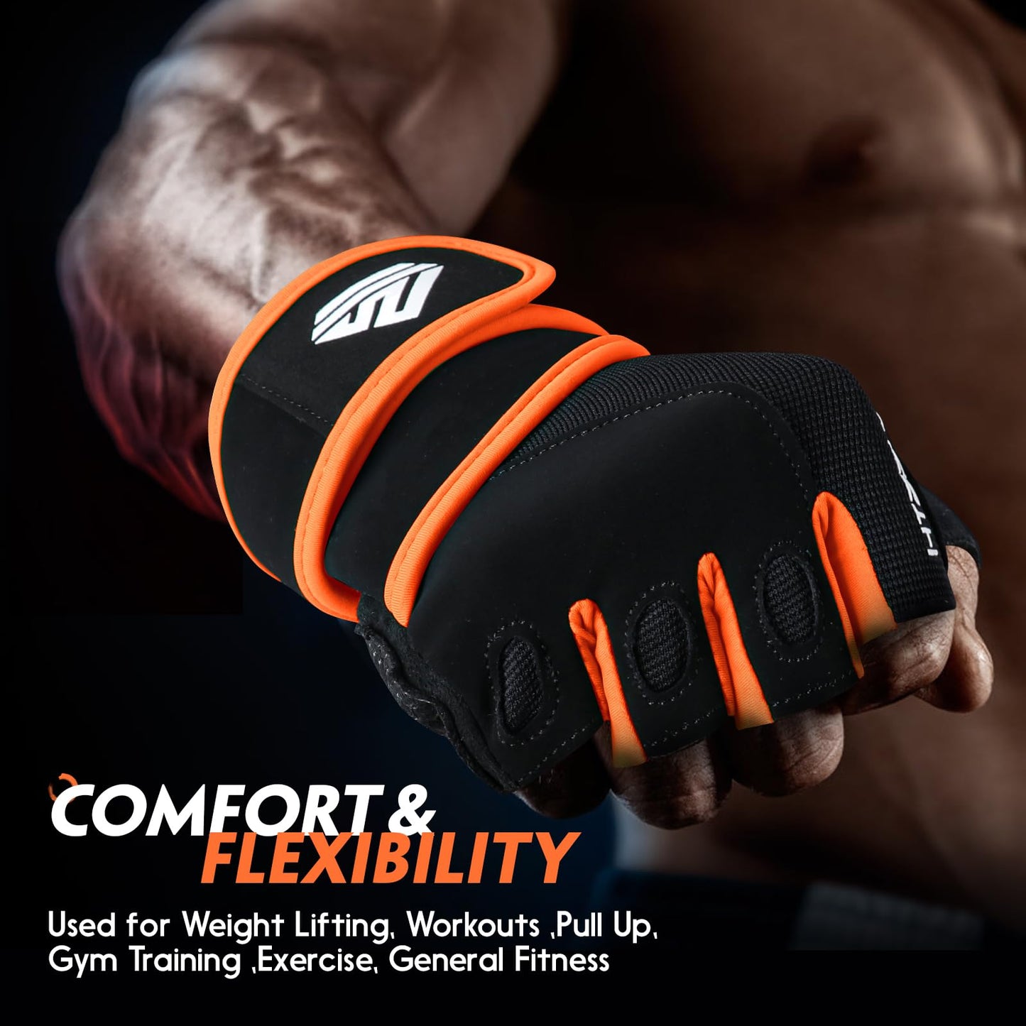 HTZPLOO Workout Gloves for Men Women - Weight Lifting With Full Palm Pad, Strong Wrist Wraps Support, Enhanced Grip - Fitness, Training, Exercise (Black&Orange, Medium)