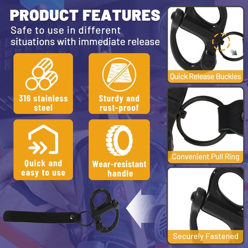 standwme 2-Pack Quick Release Clip Shackle for SCBA Mask - Firefighter Accessories, Quick Release Lanyard, Marine Grade 316 Stainless Steel Shackle for Rigging with Leather Handle（Black）