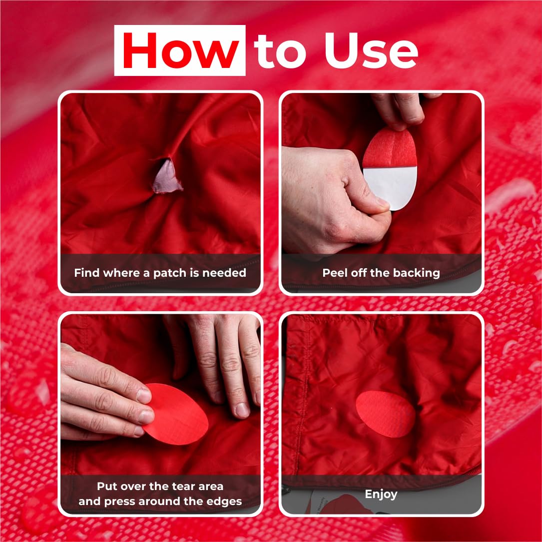 aZengear Repair Patches for Down Jackets - Waterproof, Pre-Cut, Self-Adhesive, Tear-Cold-Heat-Resistant Nylon Polyester Fabric to Fix Puffer Coats, Gear, Tents (11 Pieces, Red)