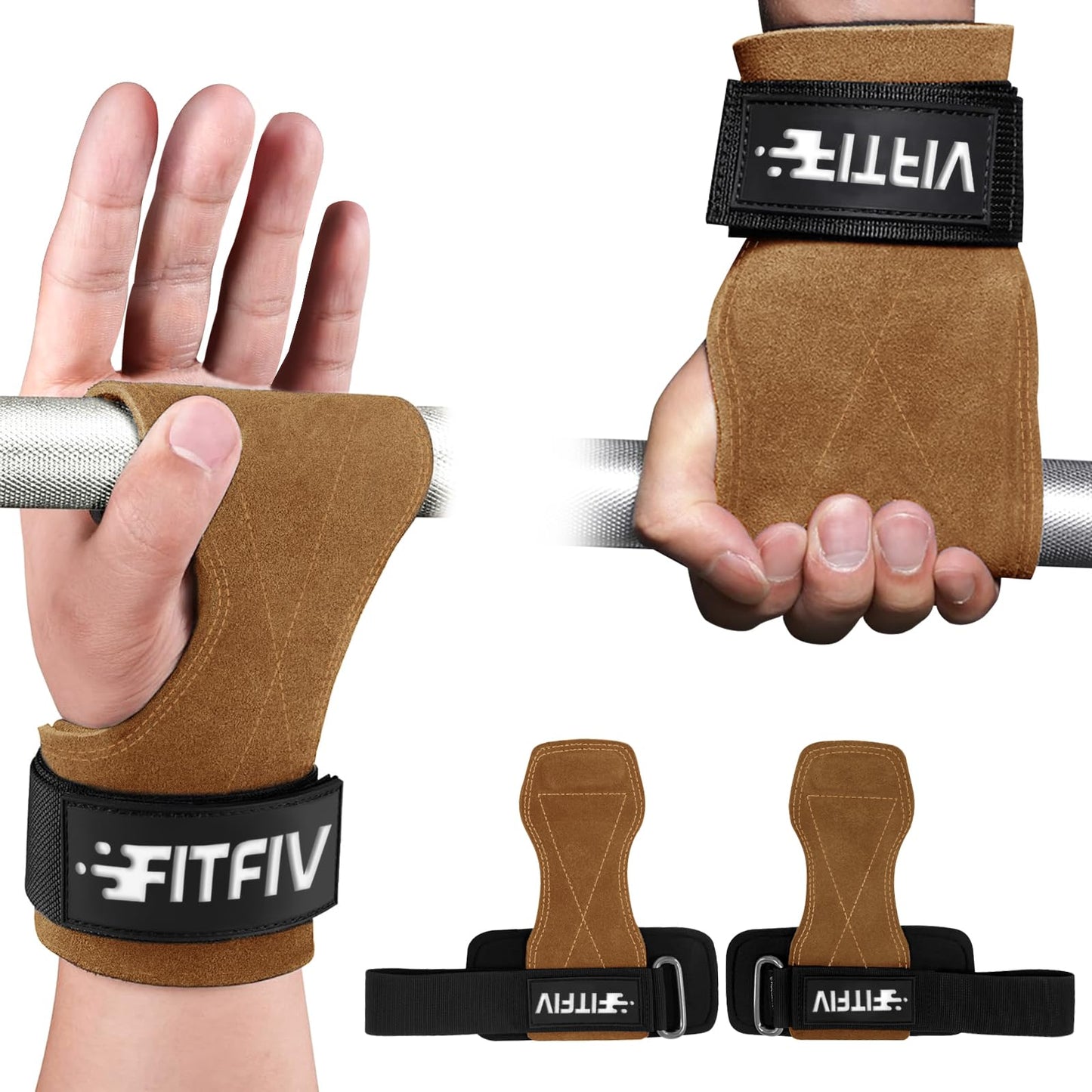 FITFIV Weight Lifting Wrist Strap, Double Leather Weightlifting Wrist Straps for Gym Strength Training, Neoprene Padded Wrist Wraps - for Men & Women (Pair)