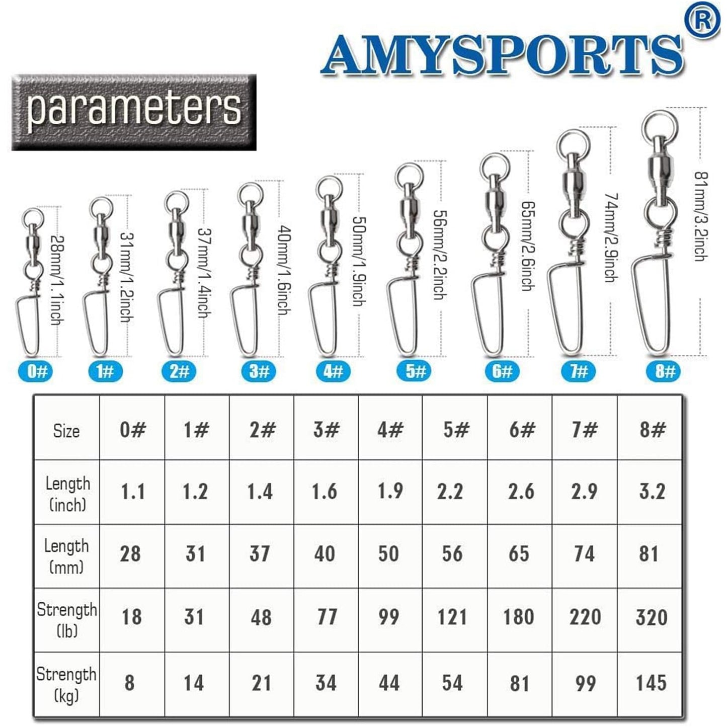 AMYSPORTS High Strength Ball Bearing Swivels - Saltwater & Freshwater Corrosion Resistance Barrel Swivels 25pcs, 18lbs