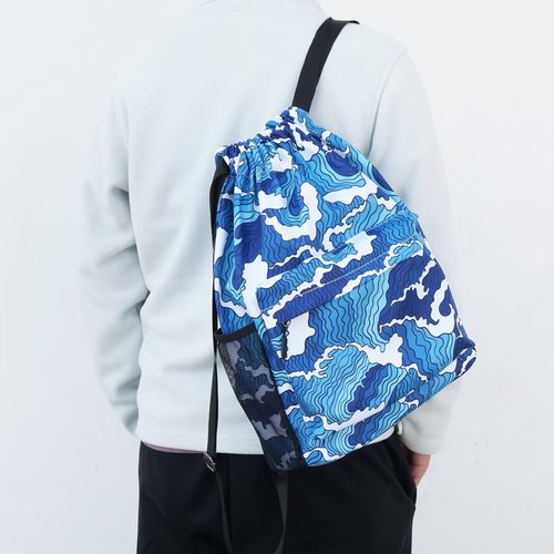 Drawstring Backpack Gym Bag for Women Men Large Capacity Back Pack Trendy Swim Bags String Backpack with Mesh Pockets for Beach Travel Hiking Yoga Wave