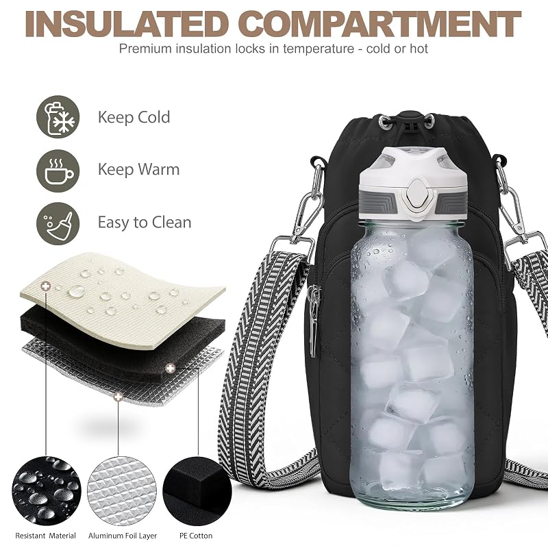 Black Insulated Water Bottle Bag Crossbody with Phone & RFID Pockets