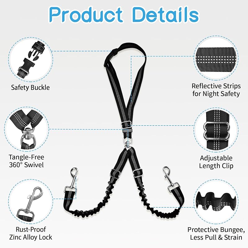 Golf Cart Dog Seat Leash & Safety Harness - Adjustable Tangle-Free Retractable Strap (Double Dog)
