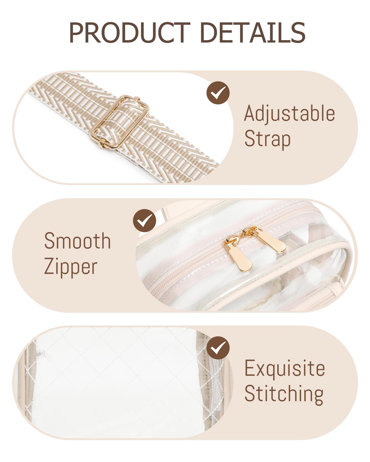 Clear Bag for Stadium Events, Clear Purse for Women, Transparent PVC Quilted Sport Concert Daily Crossbody Bag,Beige