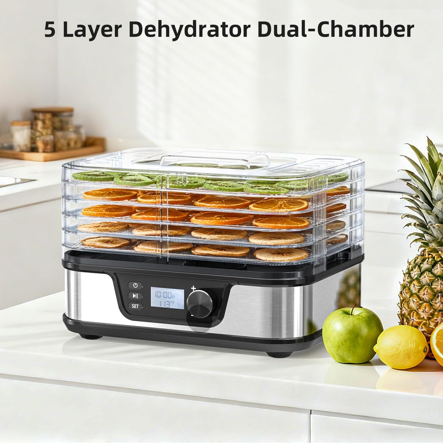 Kndko Food Dehydrator 350W Machine With Digital Adjustable Temperature and 72H Timer,5 BPA-Free Stainless Steel Trays for Fruits Vegetables and Meat